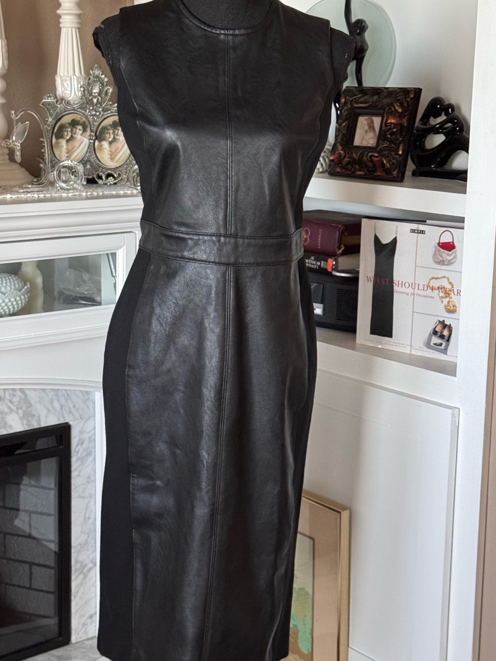 SPANX Black Faux Leather Midi Sheath Dress